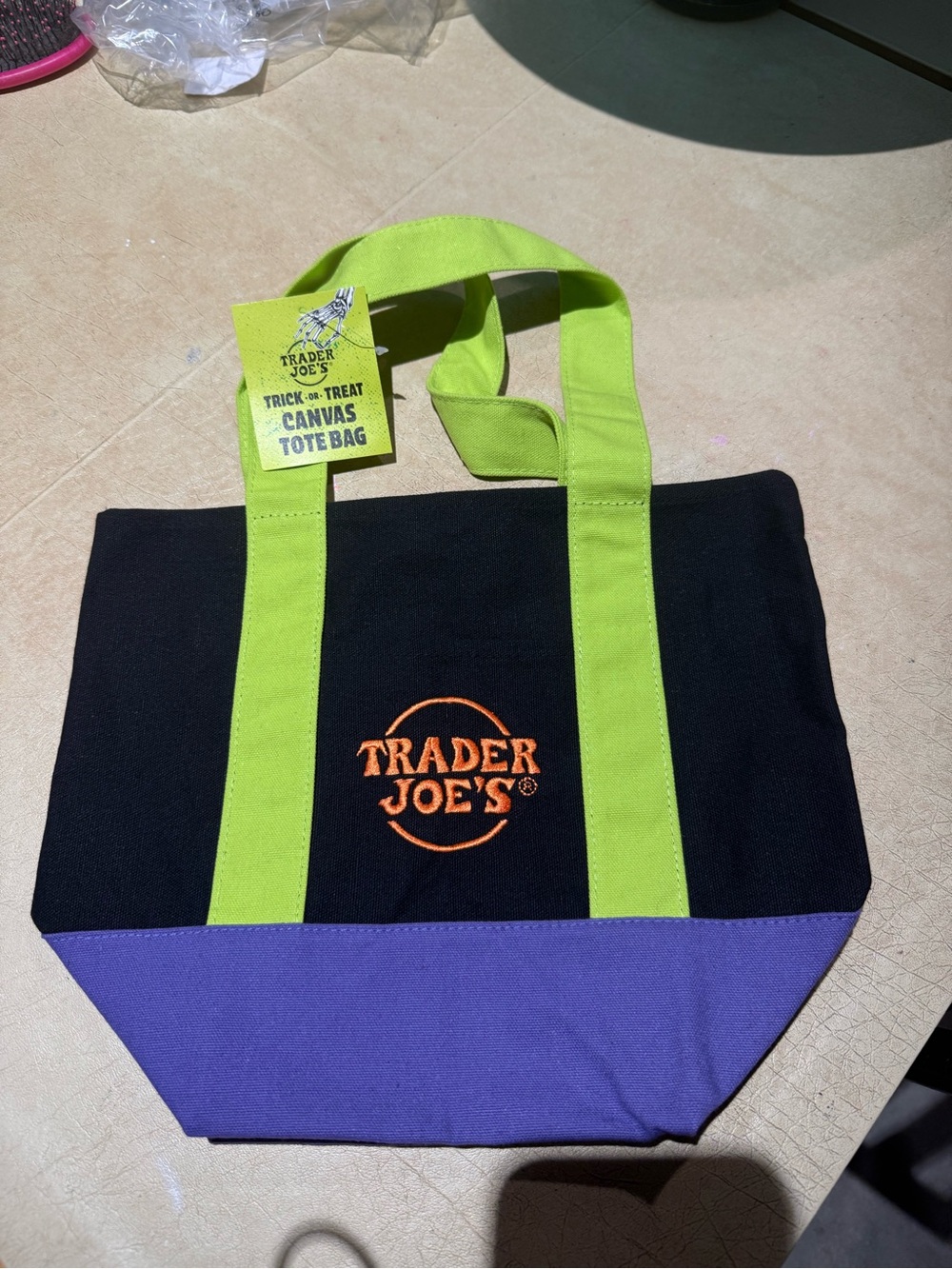 Trader Joe's Black + Purple Canvas Tote Bag with Lime Handles